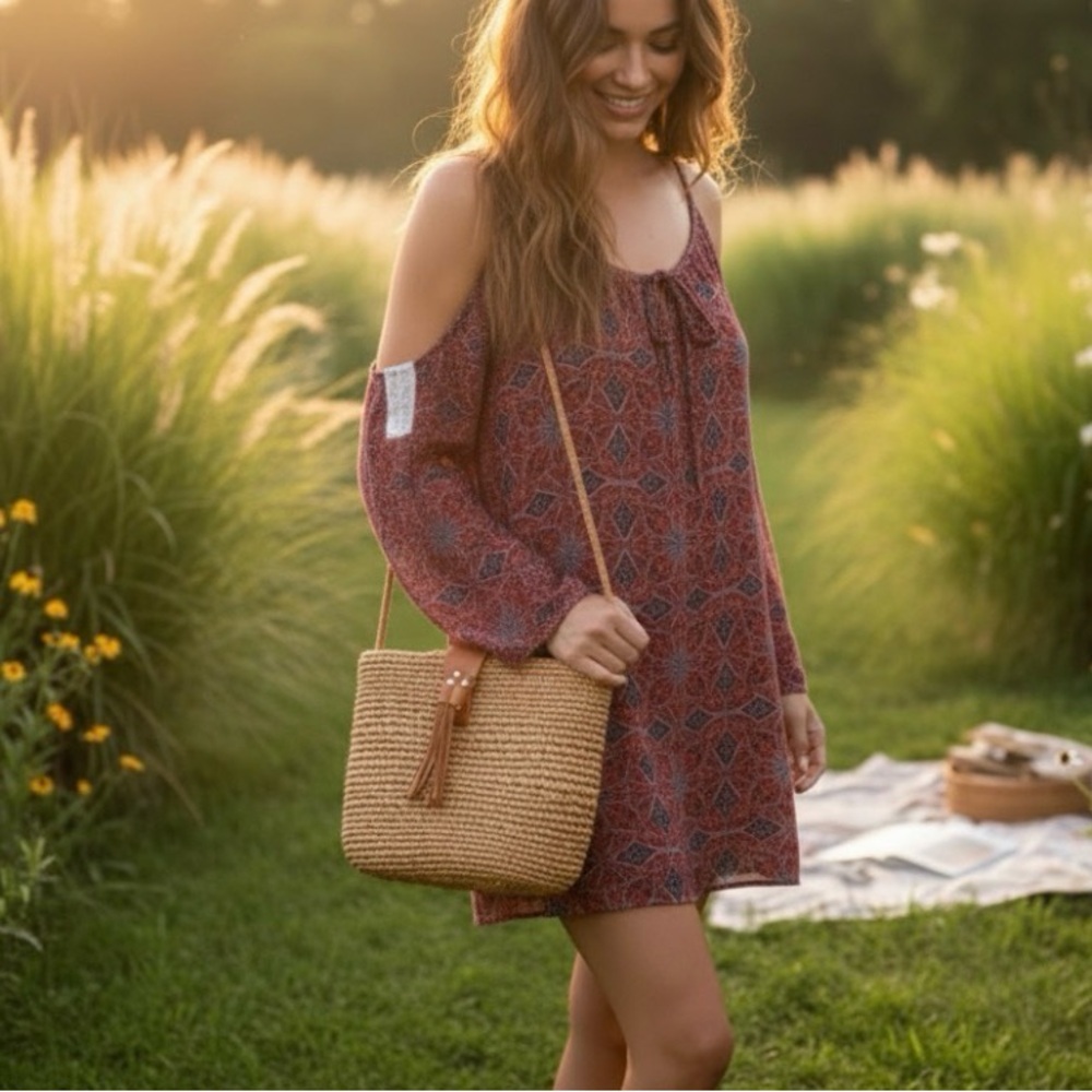 Umgee Rust Red Boho Cold-Shoulder Midi Dress